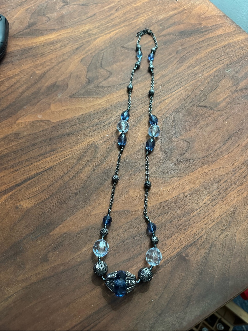 Vintage Avon Gunmetal Toned Clear/Blue Beaded Pendant Necklace